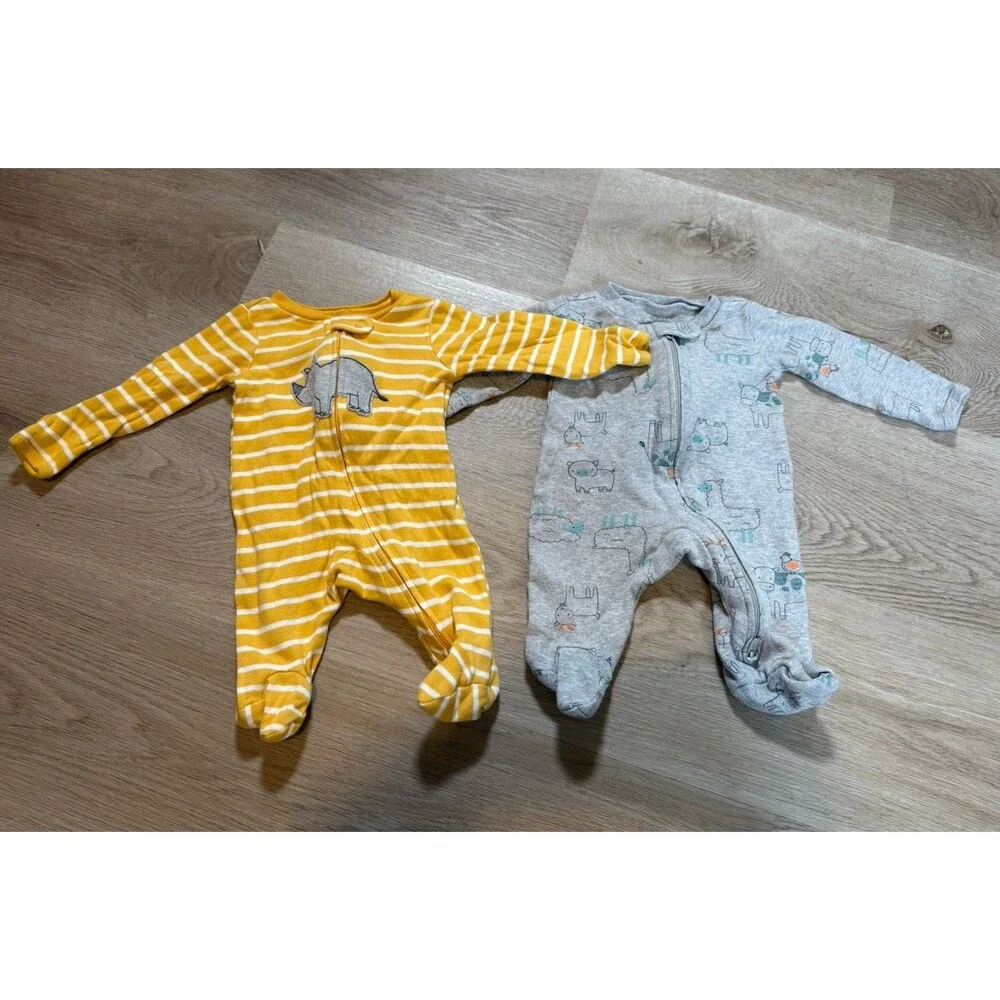 Simple Joys Carters Newborn Footed Sleeper Lot 2pc Yellow Gray Dino NB